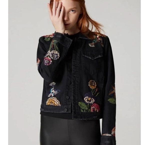 Unique Botanical Floral & Hummingbird Embroidered Black Denim Jacket M - Picture 4 of 16